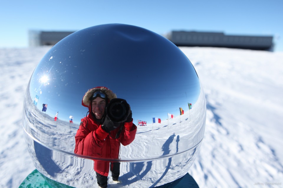 The mirrored ball at the Ceremonial South Pole. This pole is only used for ceremonial purposes, and does not mark anything.
