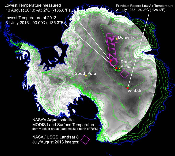 This image shows the location of record low temperature measurements for Antarctica. From NBC News.