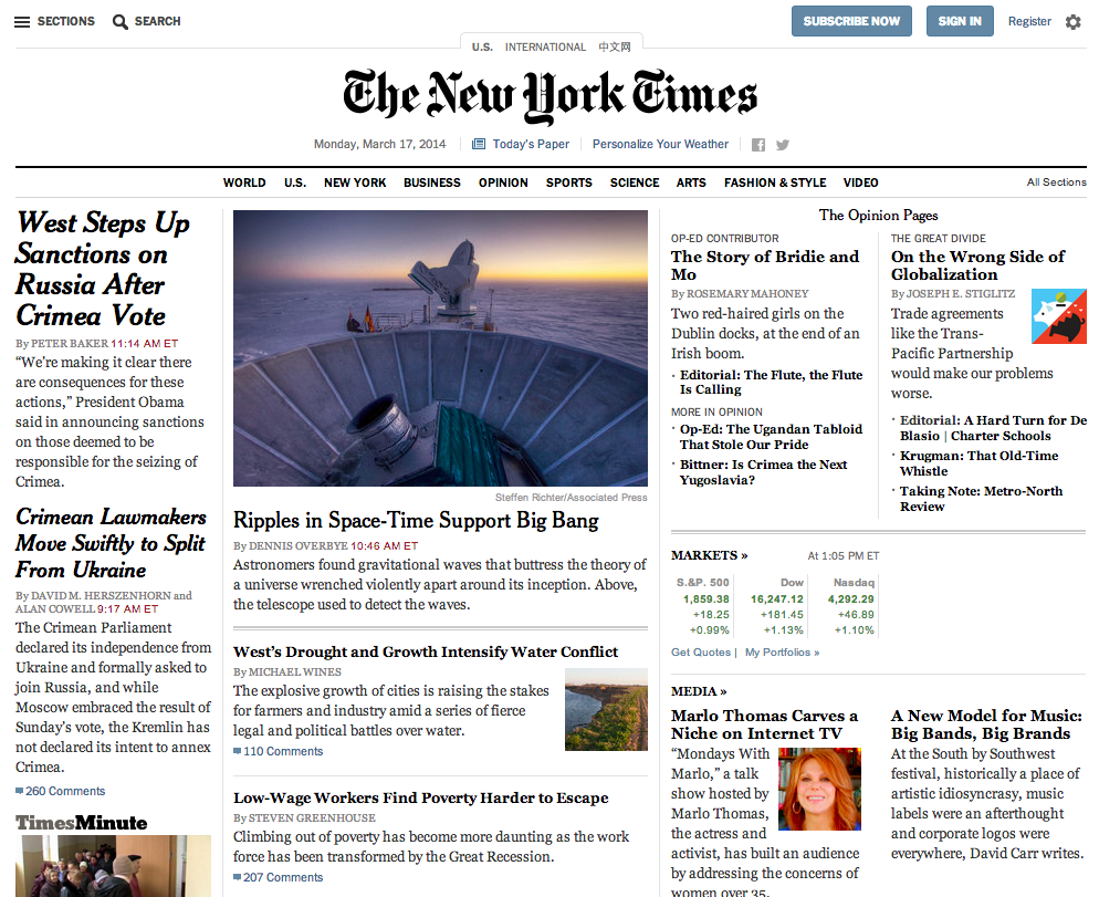 Appearing on front page of NY Times
