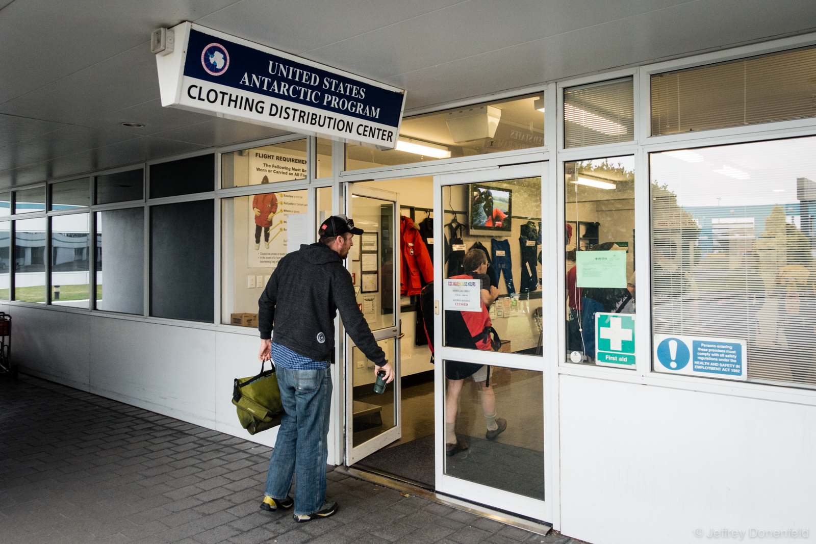 Entering the Clothing Distibuton Center in Christchurch, New Zealand. It's here we receive our Extreme Cold Weather gear issue, as well as go through basic briefing for our upcoming travel.