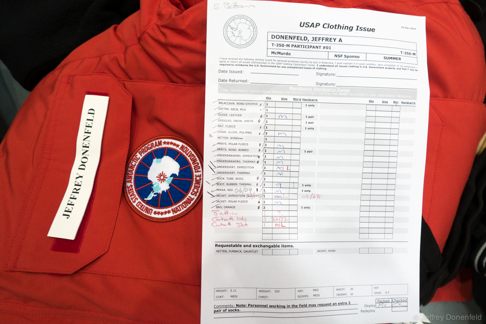 My gear issue list, with a few additions for living in the deep field at WAIS Divide.