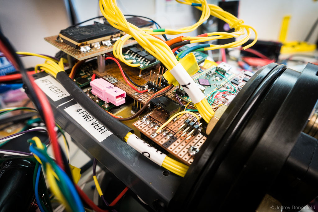 This is the inside of our main electronics bottle. housed in this dry space is our power supply, thruster motor controllers, our main surface communications devices and several micro controllers that maintain order and control over these items. - Bob Zook 
